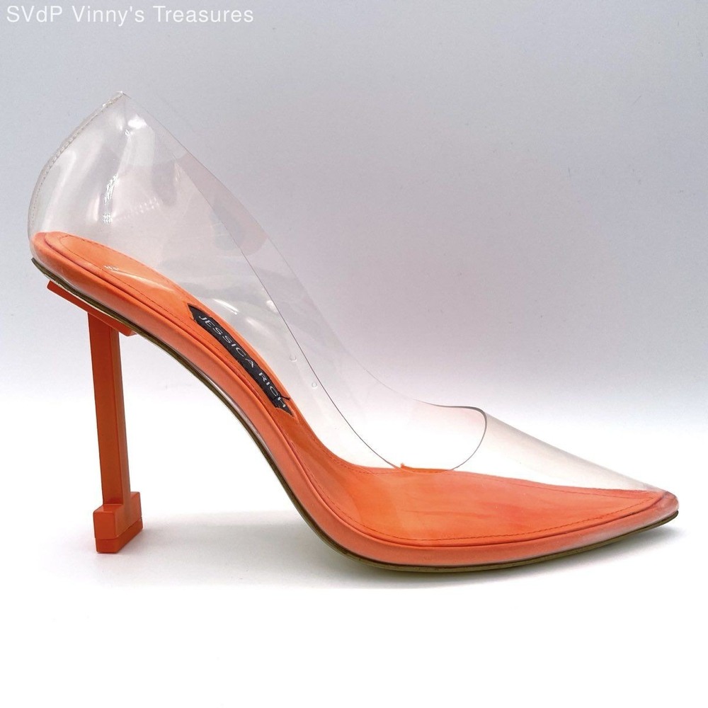Jessica Rich Racy Orange Clear PVC Architectural JR Logo Heel Pumps Size 40